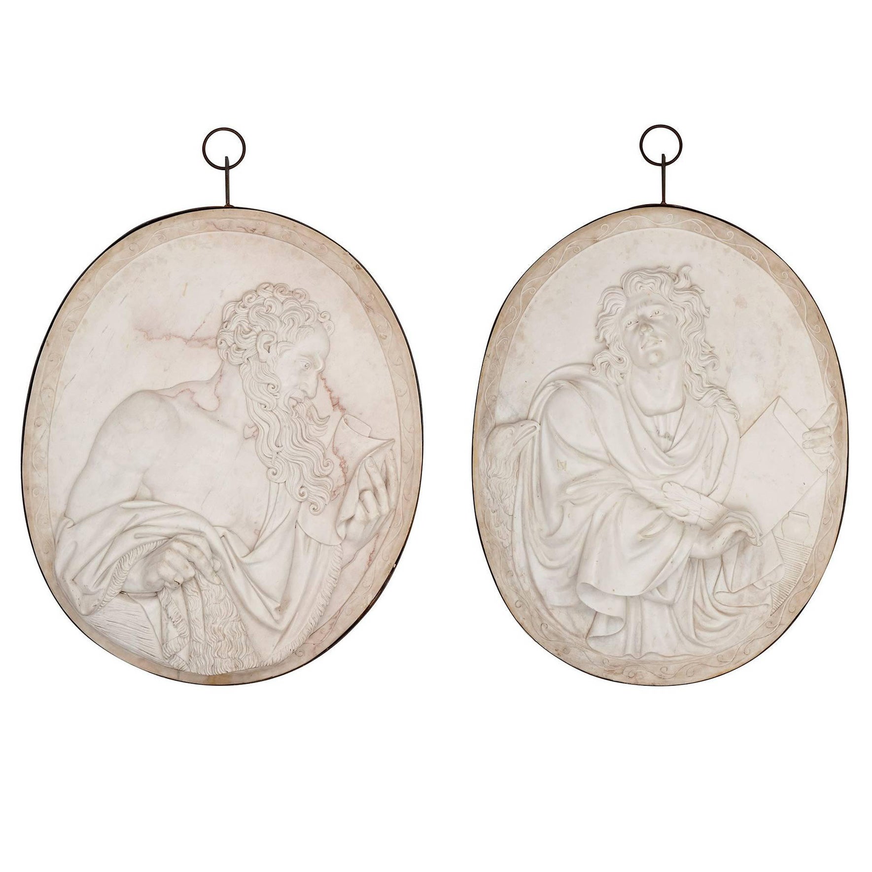 Two Large Sculpted Marble Relief Plaques of St John and St James