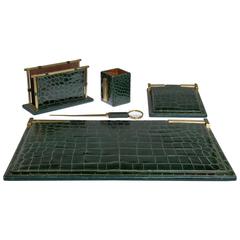 Pineider Green Crocodile Five-Piece Desk Set