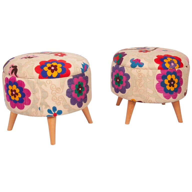 Vintage Carved Walnut and Linen Upholstered Pouf / Ottoman For Sale at