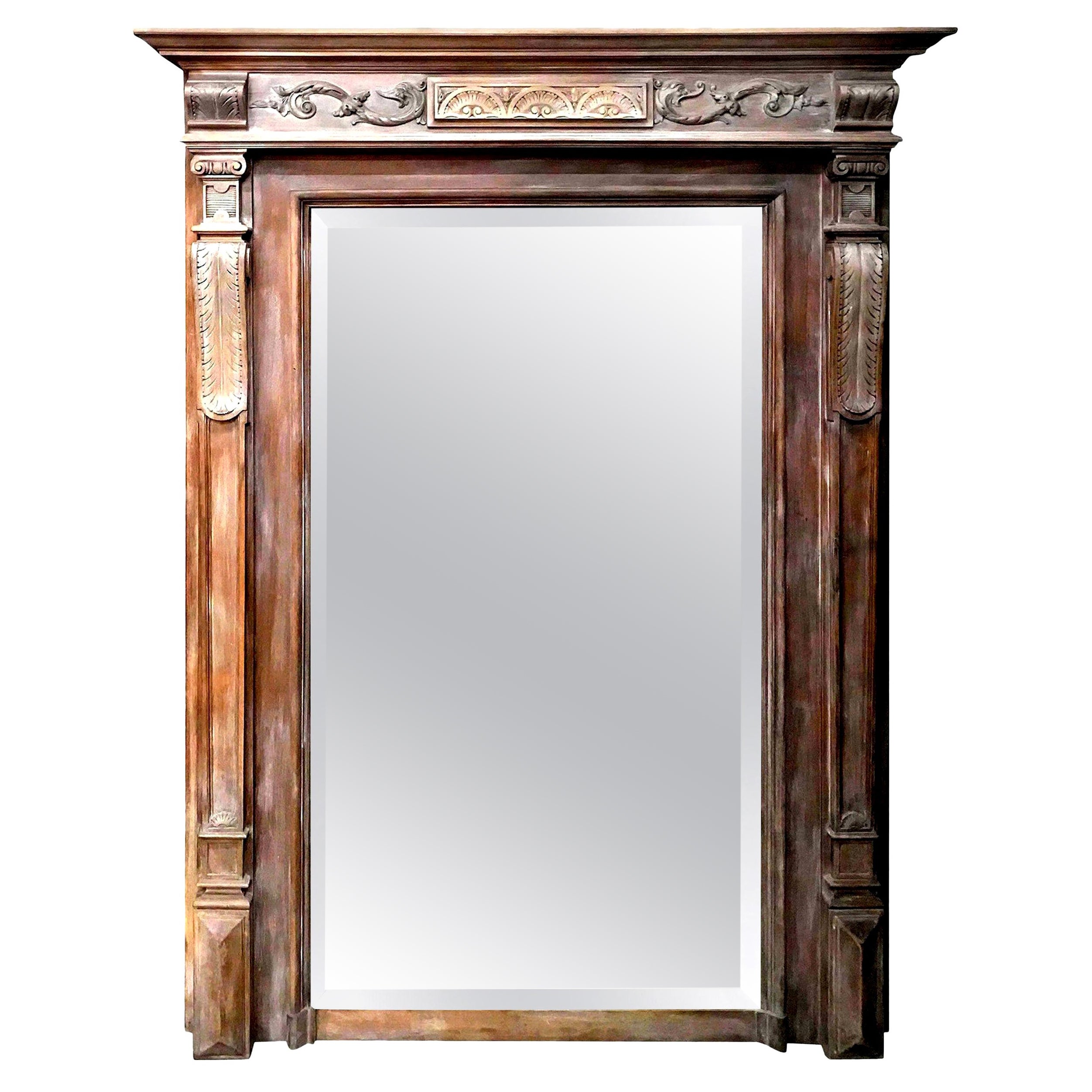 19th Century, French Limed Wood Neoclassical Style Beveled Mirror For Sale