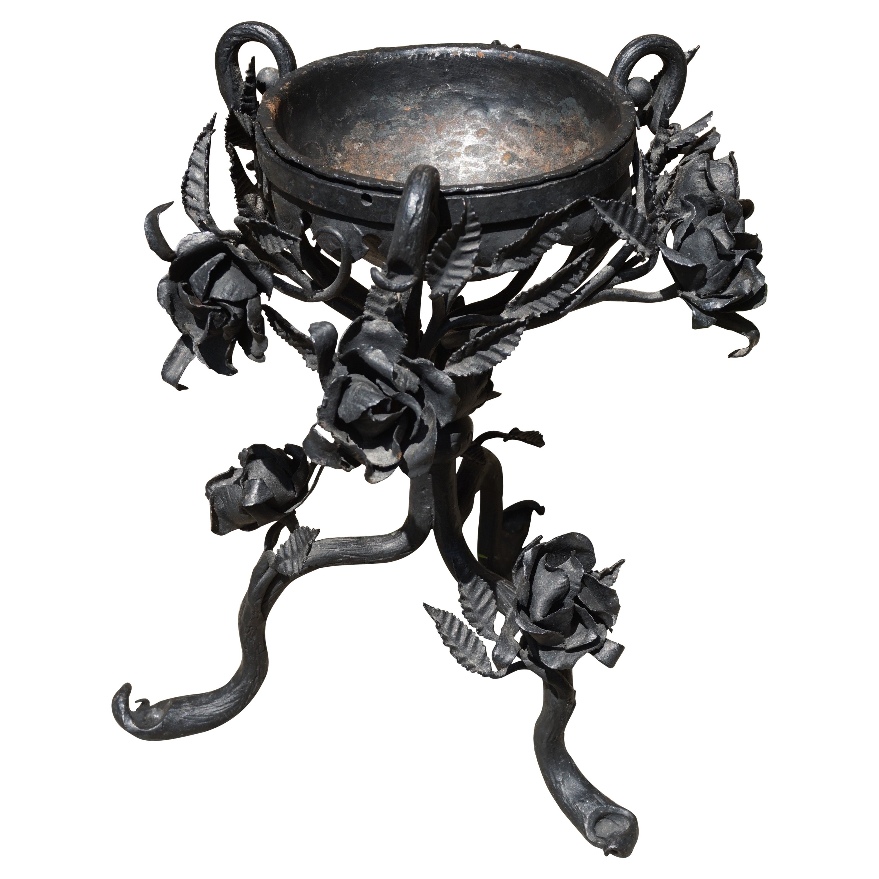 Arts and Crafts Glass and Wrought Iron Floor Vase on Stand For Sale at