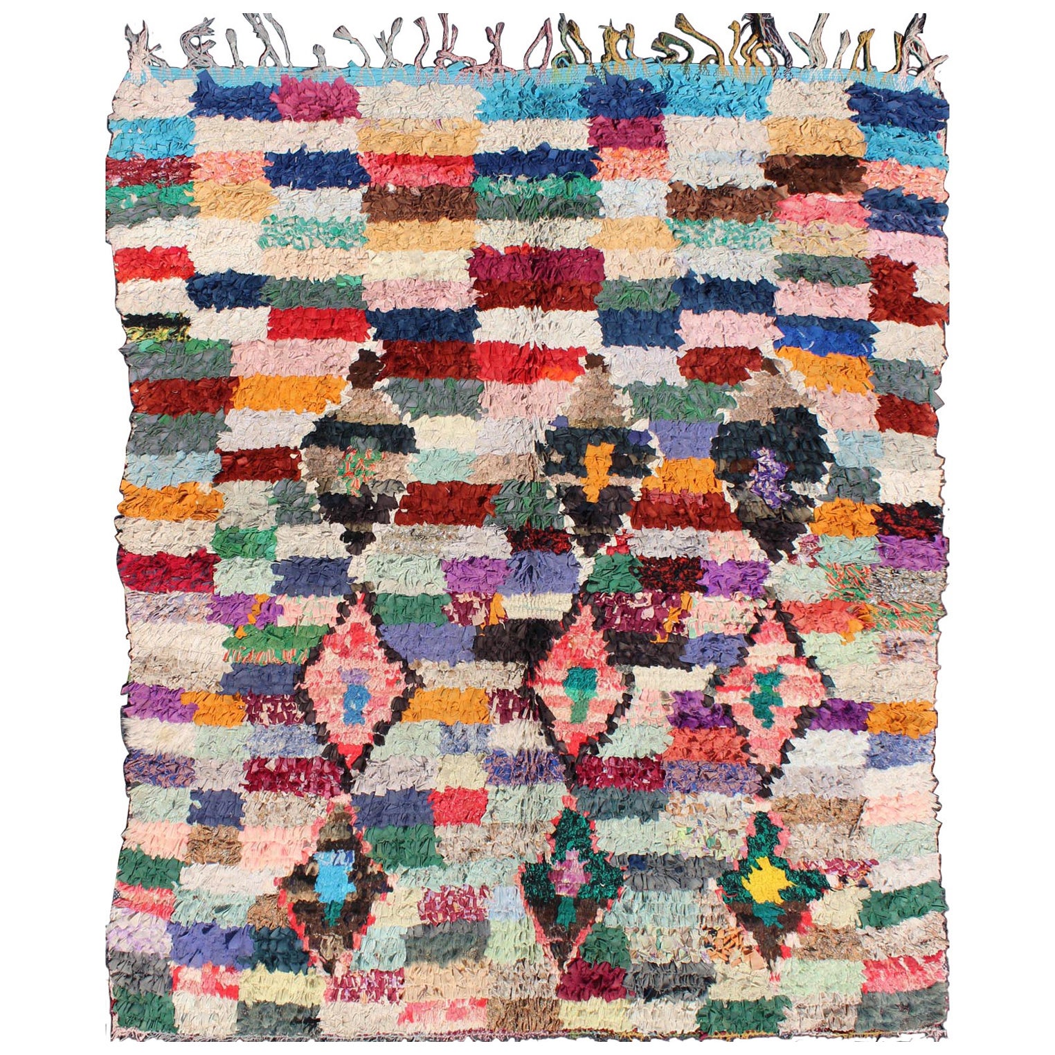 Colorful Vintage Moroccan Boucharouette Rug with Diamond and Checkered Design