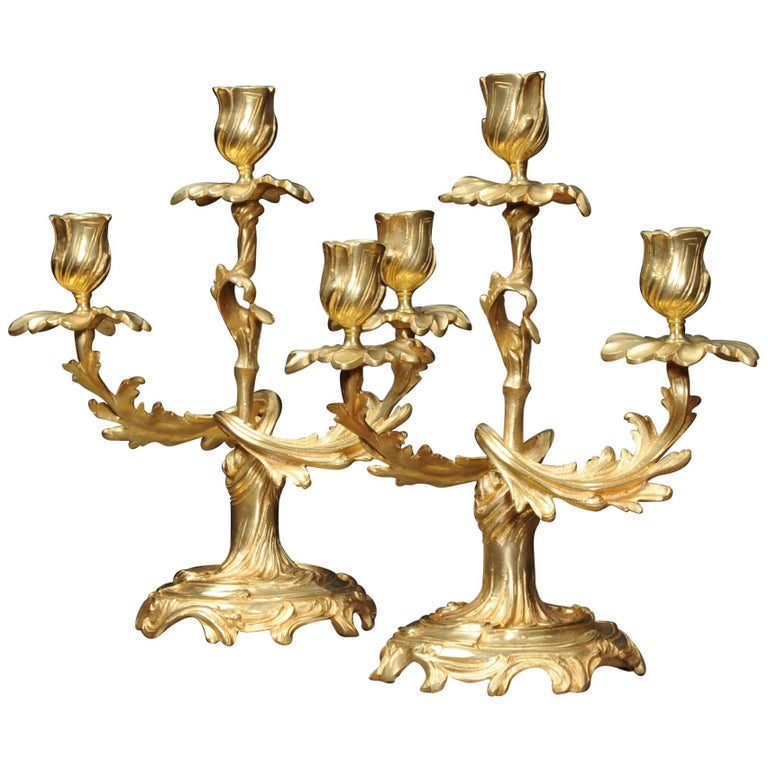 Large pair of Rococo style French antique ormolu candelabra For Sale at
