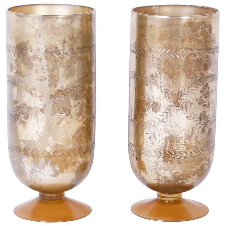 Pair of Ralph Lauren Blue Glass Hurricane Candle Holders at 1stdibs
