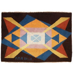 Vintage 20th Century Brown Yellow Blu Geometric Giacomo Balla Limited Italian Rug, 1987