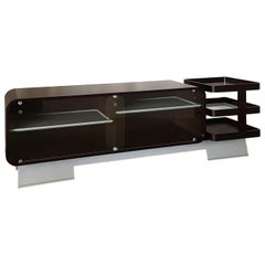 Italian Dark Curved Wood Sideboard with Glass Sliding Doors and Aluminium Base