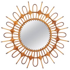 Spanish 1950s Wicker and Rattan Sunburst Mirror Framed by Rhombus Decorations