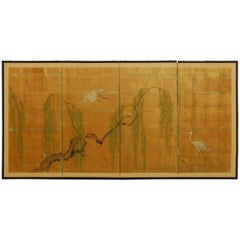 Japanese Four-Panel Byobu Screen of Cranes and Willow on Gold Leaf