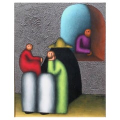 Vintage Mexican Modernist Painting by Jesus Leuus, 1973, La Familia