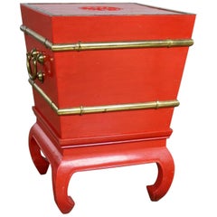 Chinese Red Lacquer & Brass Side Table Removable Ice Chest Style Hoof Foot Base