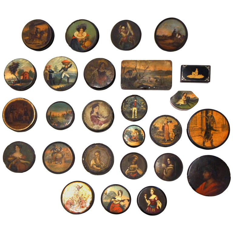 Set of 26 Painted Papier Mâché and Metal Snuff Boxes For Sale