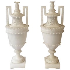 19th Century Italian Pair of Hand-Carved Neoclassical Alabaster Vases or Urns