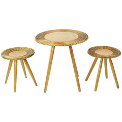 Rattan Coffee Table with Two Stools by ÚĽUV, Czechoslovakia, 1960s
