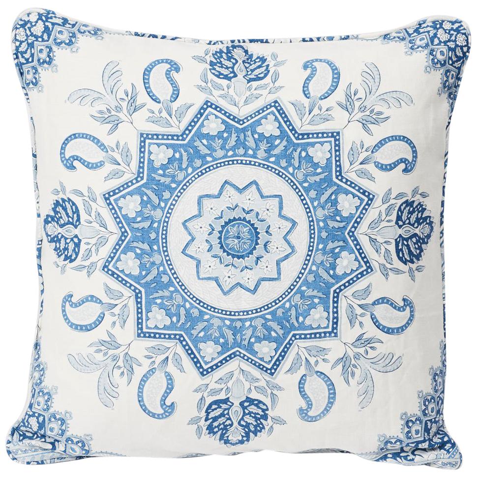 Schumacher Montecito Medallion II Large-Scale Print Indigo Two-Sided 20" Pillow For Sale