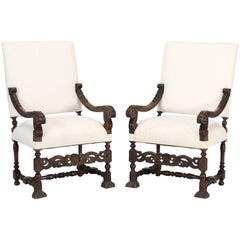 Antique French Pair of Hand-Carved Walnut Throne or Armchairs