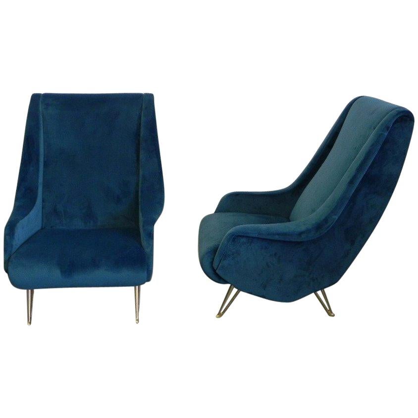 Pair of I.S.A. Bergamo Midcentury Blue Velvet Italian Armchairs, 1950s