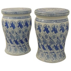 Pair of Blue and White Hand-Painted Ceramic Garden Vintage Stools
