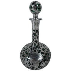 Elegant Alvin Art Nouveau Emerald Green Glass and Silver Overlay Decanter