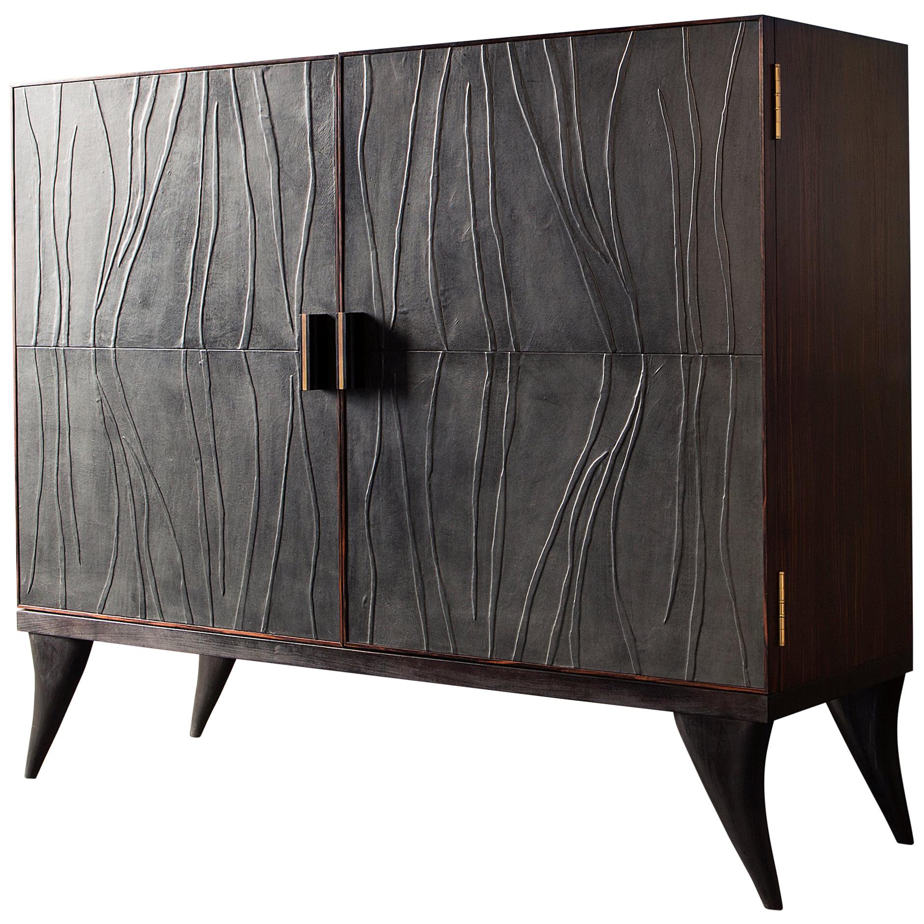 Modern, Java, Wardrobe in Full-Grain Leather, Handcrafted with Bas-Relief For Sale