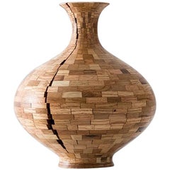 Contemporary American Wooden Oak Vase, Cracked, Handmade, Sculpture, in Stock