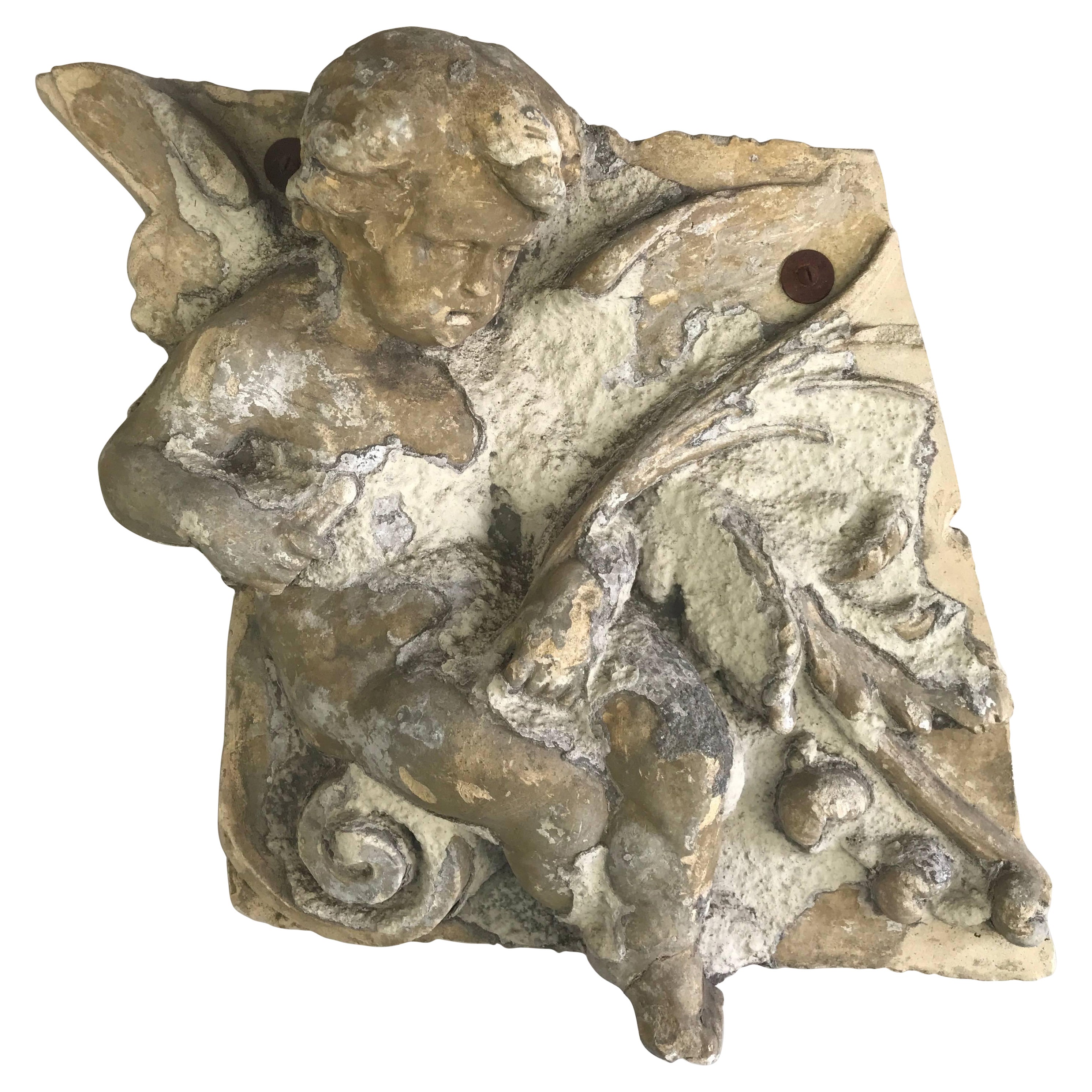 Concrete Cherub Carved Wall Hanging C. 1930's