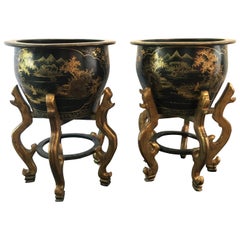 Pair of 1950s Chinoiserie Papier Mâché Black Lacquer Gilt Painted Jardinieres