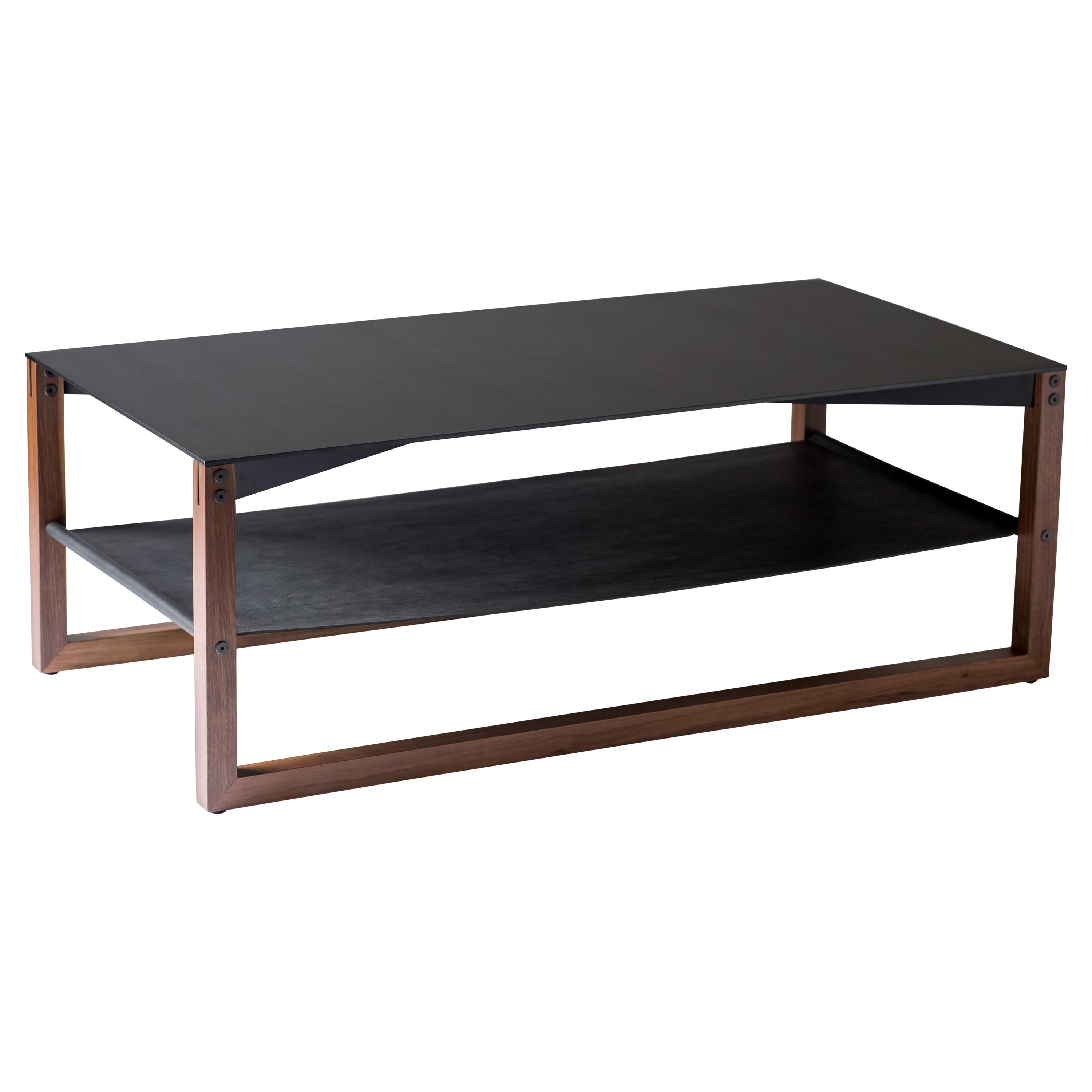 The Sling, Modern Aluminum, Leather and Walnut Coffee Table For Sale