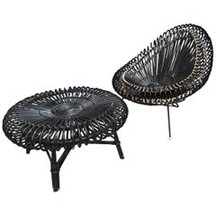 J.Abraham and Dirk Jan Rol Lounge Chair 'b' with Coffee Table in Rattan, 1950s