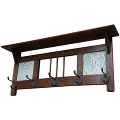 Arts & Crafts Wall Coat Rack with Original and Stunning Majolica Tiles in Relief
