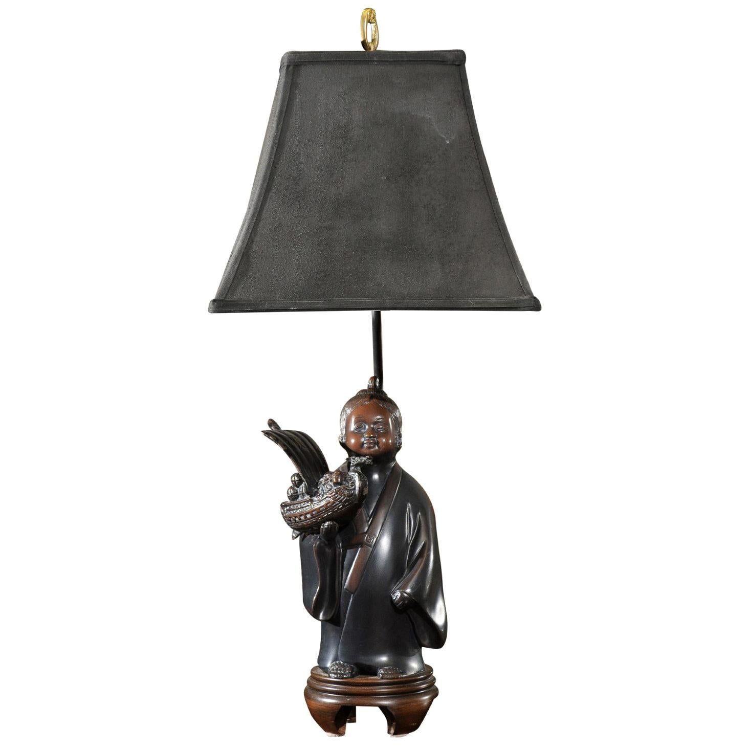 Bronze Chinese Figure Lamp For Sale