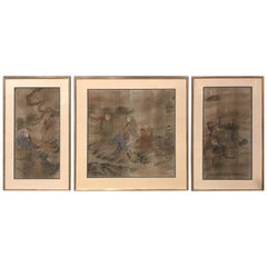 Early Yi Dynasty Korean Painted Triptych on Silk with Folklore Figures