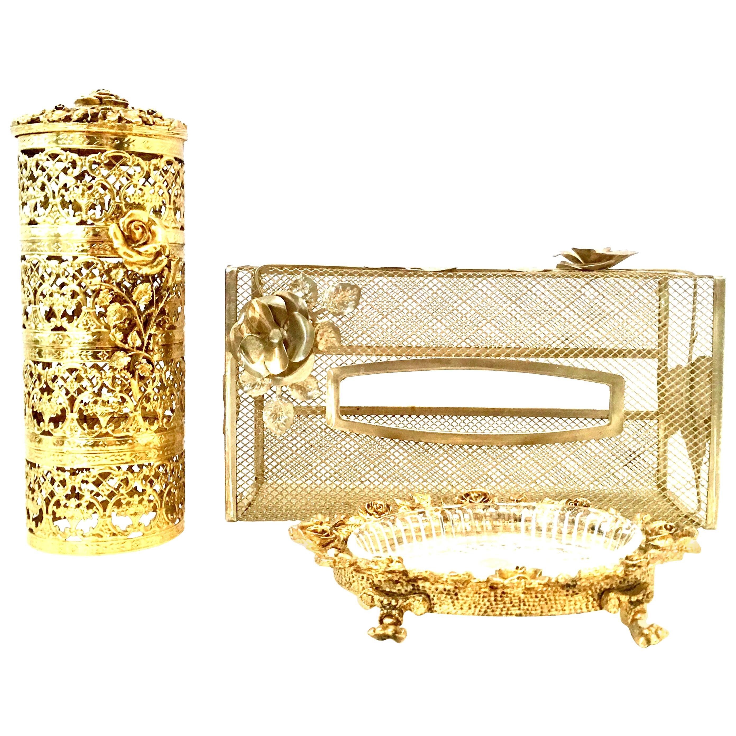 20th Century Rococo Style 24-Karat Gold Gilt Brass Three-Piece Vanity Set For Sale