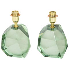 Pair of Light Green Faceted Lamps, Italy, Signed