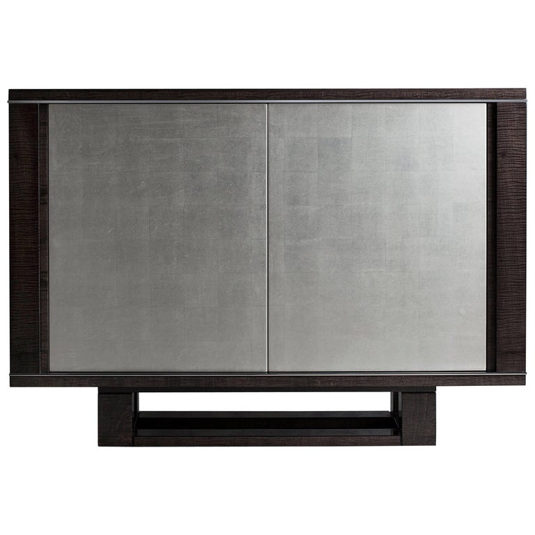 Amba Side Cabinet, High Gloss Sycamore Grey, White Gold Leaf and Polished Nickel For Sale