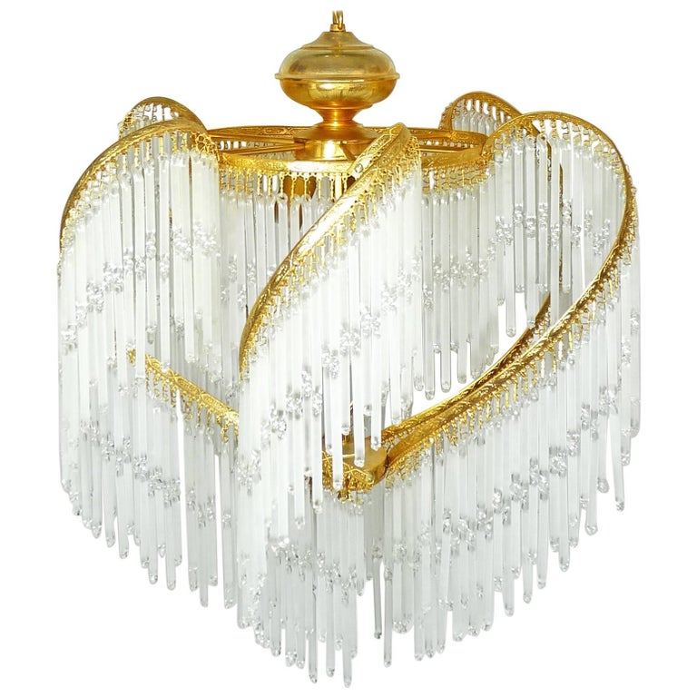 Antique Art Deco Nouveau French Pink Fringes Hollywood Regency Art Deco Nouveau Crystal Glass Fringe Hollywood Regency Gilt Chandelier