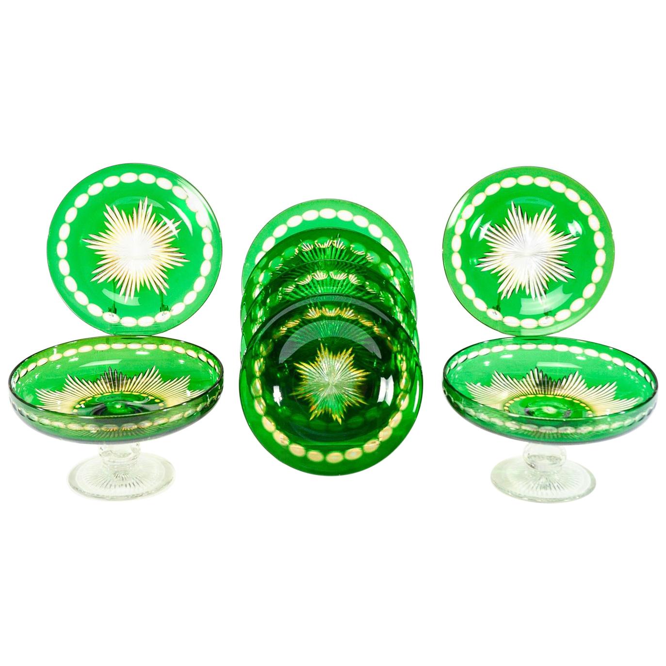 Stevens & Williams Green, Saffron Cut to Clear 2 Compotes and 6 Dessert Plates
