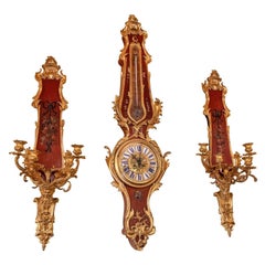 Juego de Reloj y Apliques de Garniture Franceses Estilo Louis XV Pintados Vernis Martin