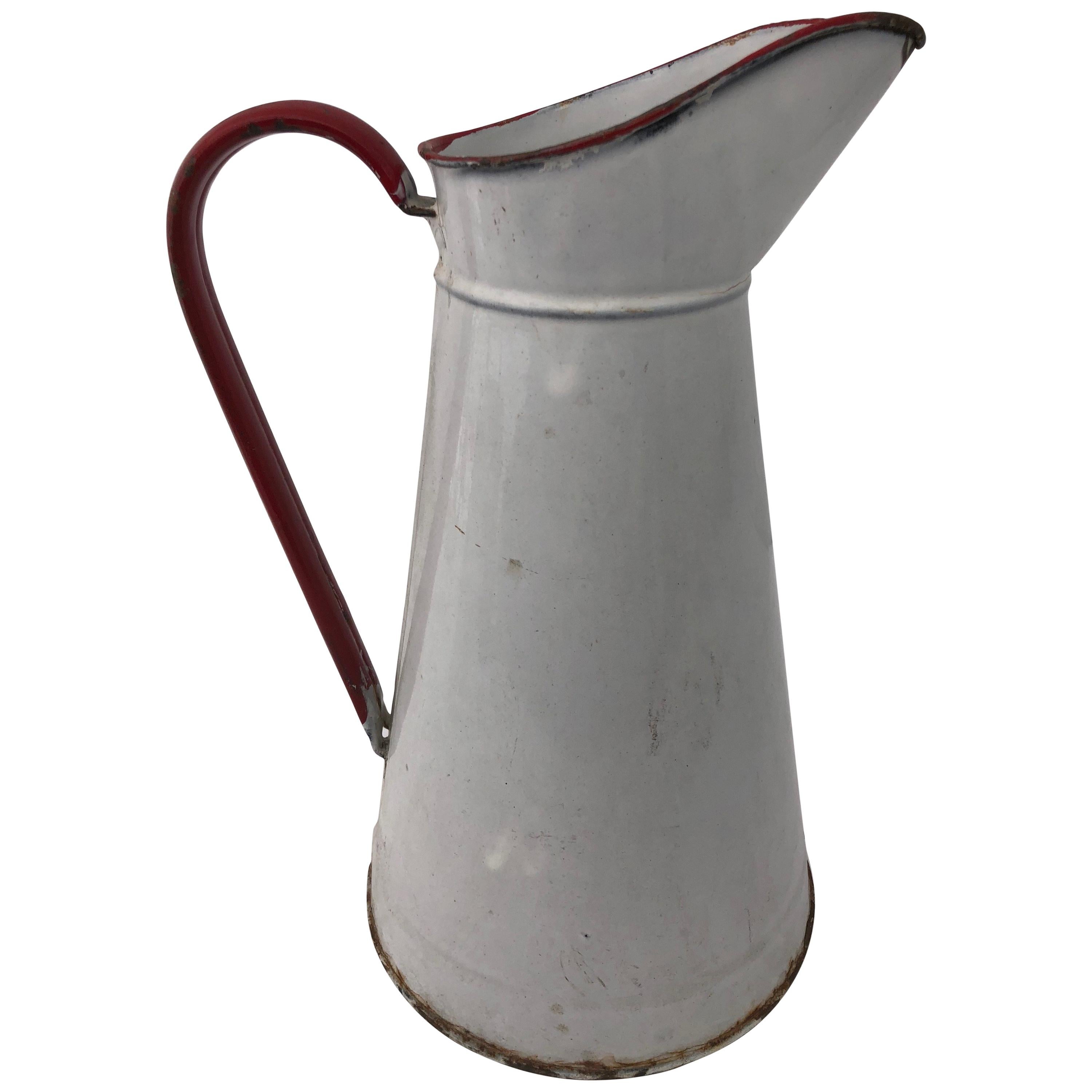 Vintage French Enamelware Large Pitcher, White With Red Handle For Sale