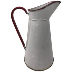 Vintage French Enamelware Large Pitcher, White With Red Handle