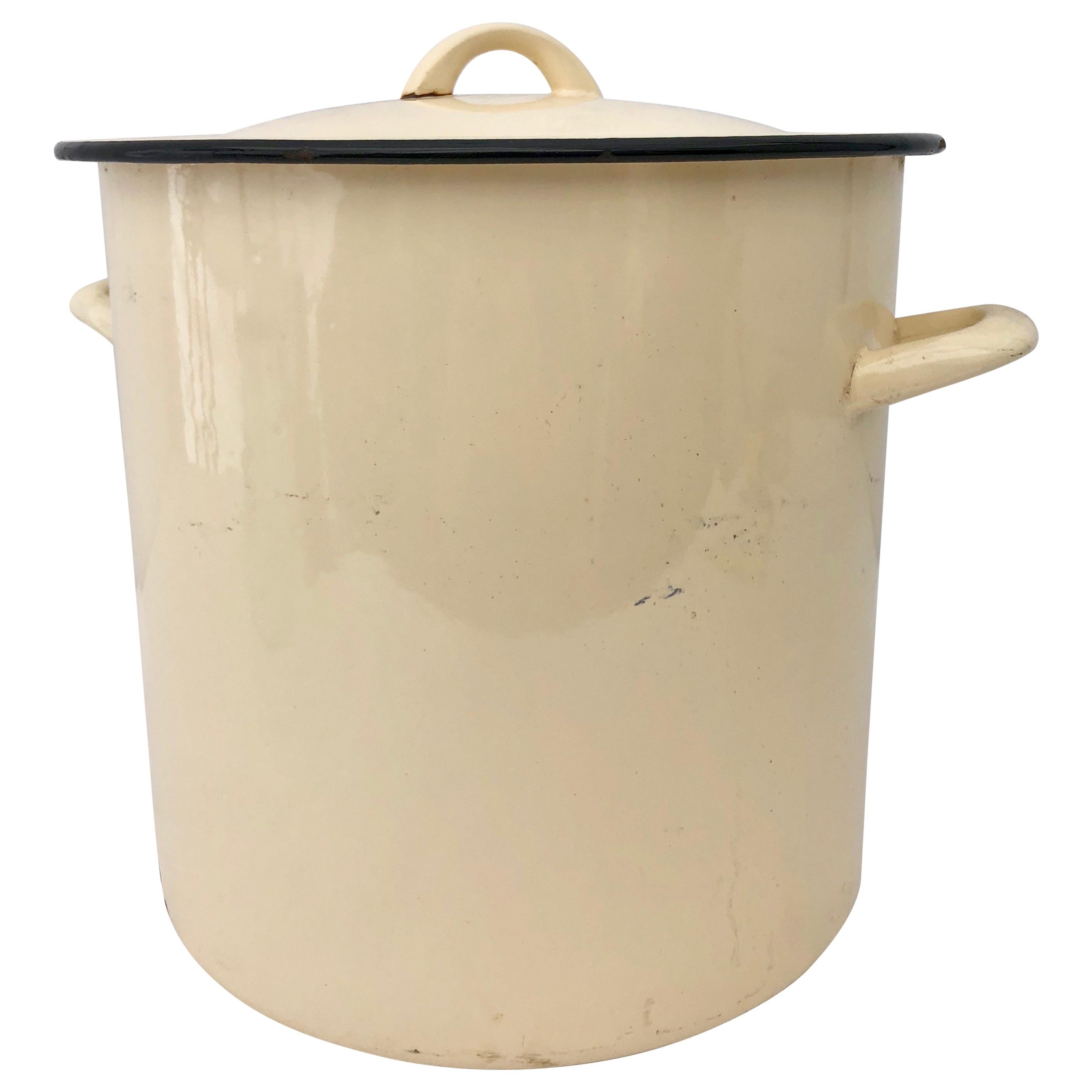 Vintage French Enamelware Large Yellow Pot with Its Original Black Trimmed Lid For Sale