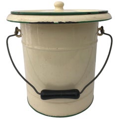 Vintage French Enamelware Large Pot and Lid, Cream with Green Trim Knob and Wood Handle