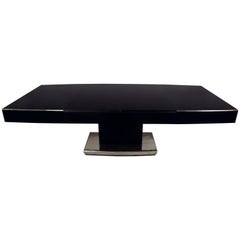Unique Large Art Deco Extendable Dining Table, Black Glass, Chrome Accessories