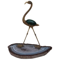 Sculpture of Very Elegant 1970s Italian Heron Silver Vermeil Malachite