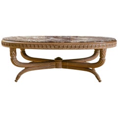 Hollywood Regency Style Finely Carved And Detailed Coffee Low Table Marble Top