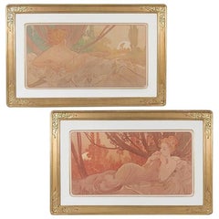 Pair of French Art Nouveau Lithographs, "Dawn and Dusk" by Alphonse Mucha