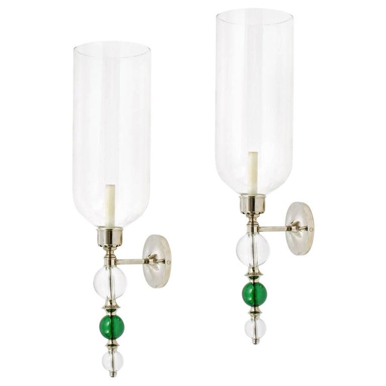 Pair of Glass and Jade Green Hurricane Sconces For Sale