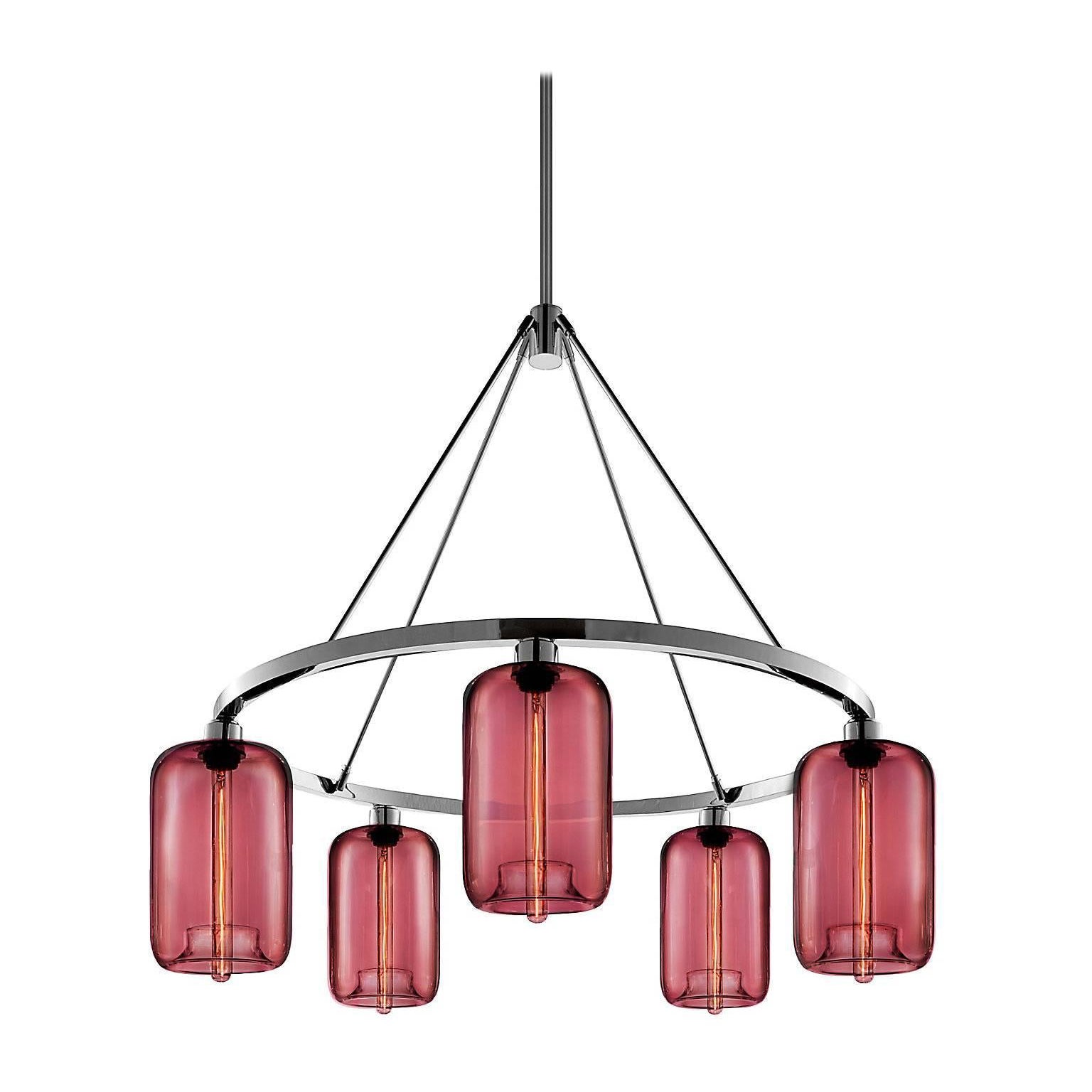 Pod Plum, mundgeblasene moderne Glas-Kronleuchterleuchterleuchterleuchte aus poliertem Nickel