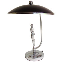 Rare American Art Deco Chrome and Black Shaded Female Nude Figural Desk Lamp