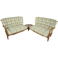 1950s French Design Solid Oak Corner Sofa with Ceramic by Guillerme & Chambron