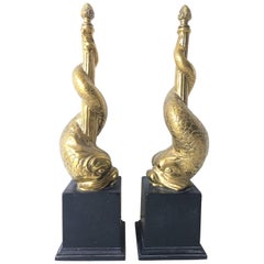 Incredible Brass Fireplace Ornament Figural Dolphin Chenet Andirons